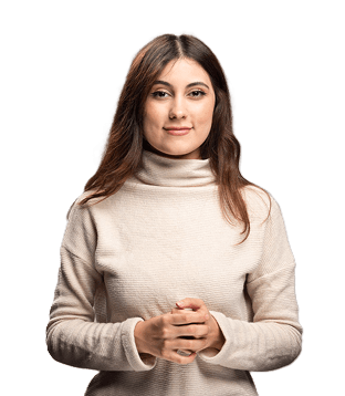Portrait of a smiling woman in a cream turtleneck